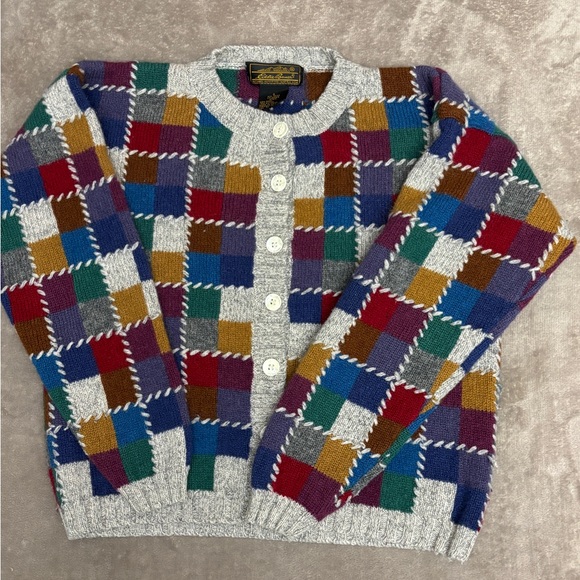 Eddie Bauer Sweaters - Vintage Eddie Bauer patchwork stitch Multicolor Wool Blend cardigan Sweater